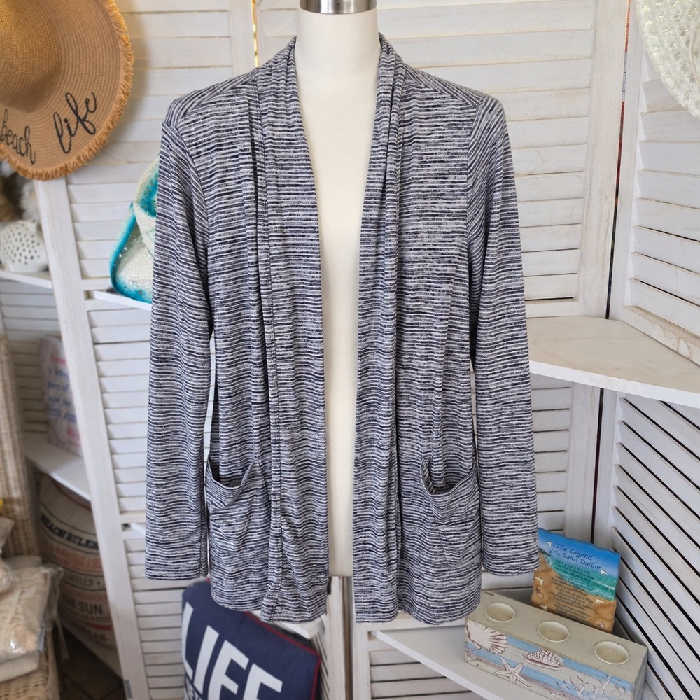 Gap Women Small Blue White Striped Open Front Cardigan Lightweight Pockets